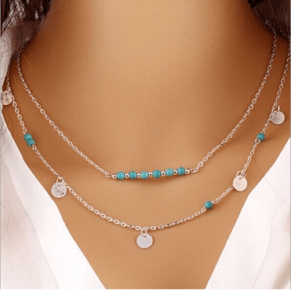 Double Chain Necklace Turquoise Beads - Picture 1 of 2